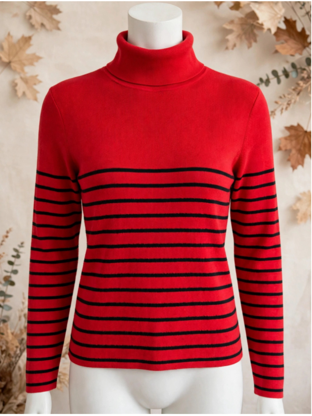Women's Red and Black Striped Turtleneck Sweater Size L